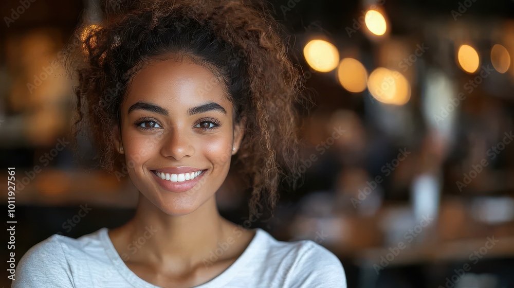 Obraz premium Smiling young woman with curly hair standing in a cafe