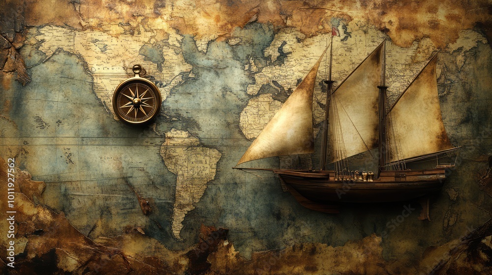 Fototapeta premium Historical Sea Voyage Elements - AI Generated