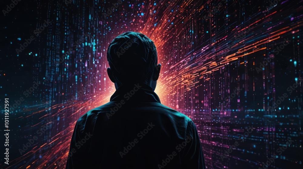 A silhouette of a person standing before a digital data stream. A silhouette of a person standing before a digital data stream.