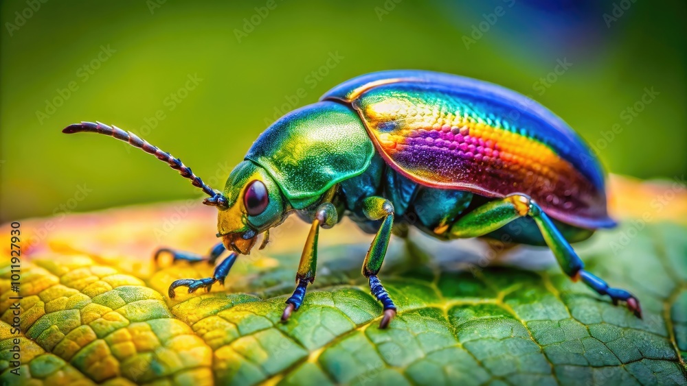 Close-Up Image of a Colorful Beetle Insect on Green Leaf in Natural Habitat, Macro Photography Close-Up Image of a Colorful Beetle Insect on Green Leaf in Natural Habitat, Macro Photography