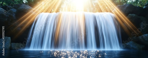 Waterfall with sparkling mist, sunlight creating ethereal effect, 3D illustration