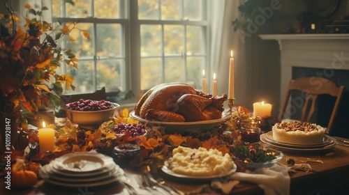 A beautifully set Thanksgiving dinner table with roasted turkey, mashed potatoes, cranberry sauce, and pumpkin pie, surrounded by autumn leaves and candles, creating a festive atmosphere.