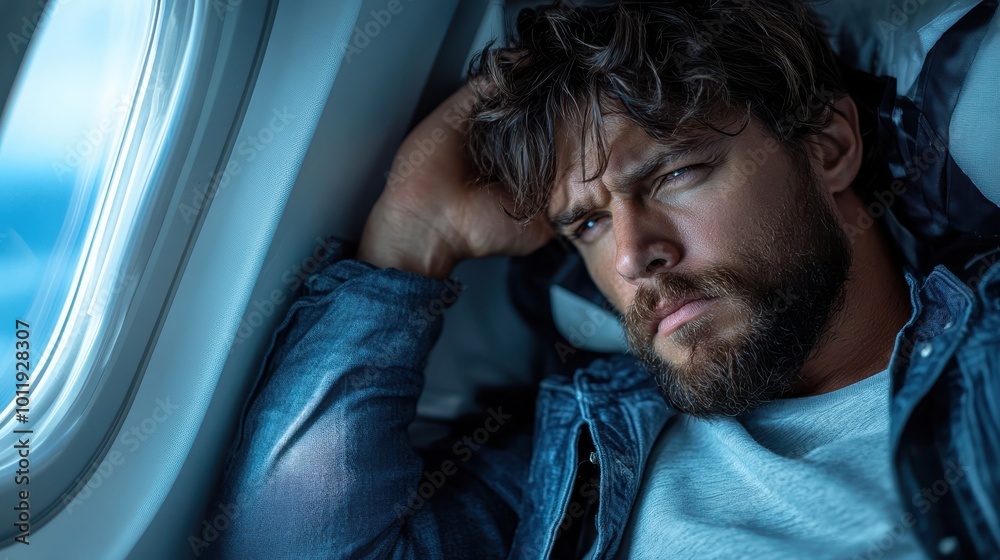A man with a thoughtful expression gazes intently through an airplane window during mid-flight, embodying introspection, wanderlust, and the pursuit of new horizons. A man with a thoughtful expression gazes intently through an airplane window during mid-flight, embodying introspection, wanderlust, and the pursuit of new horizons.
