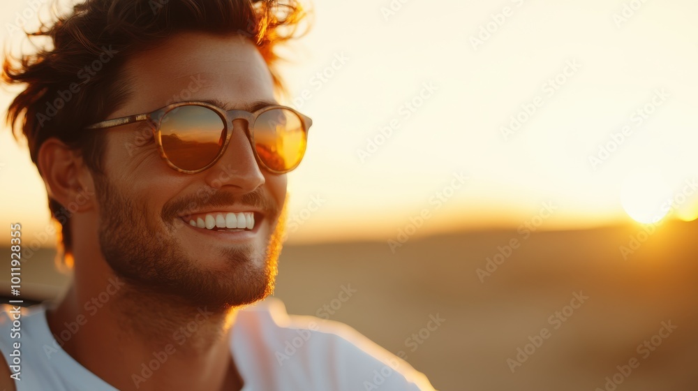 A cheerful man is enjoying a beautiful sunset while wearing fashionable sunglasses, capturing a moment of happiness and leisure in a warm, golden hour setting. A cheerful man is enjoying a beautiful sunset while wearing fashionable sunglasses, capturing a moment of happiness and leisure in a warm, golden hour setting.