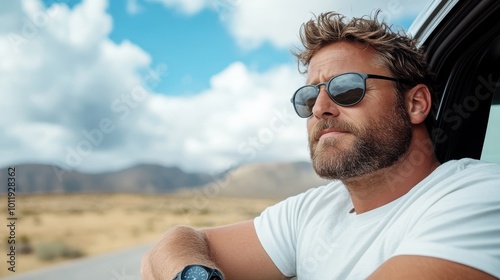 A stylish man with sunglasses leans out from a car, absorbing the vastness of a desert scene, conveying adventure and freedom during a road trip journey.