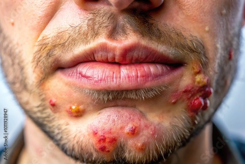 Close-up images of cold sore lesions on chin showing symptoms of herpes simplex virus outbreaks