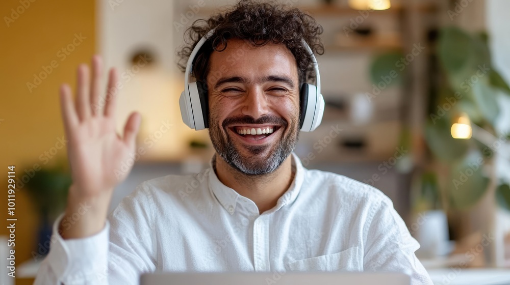 Obraz premium A bearded man in headphones waves enthusiastically during an online meeting, a lively depiction of digital communication and expressive interaction in today’s world.