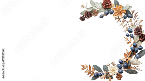 Floral Hanukkah frame with berries, pinecones, and festive menorah decor isolated on transparent background photo