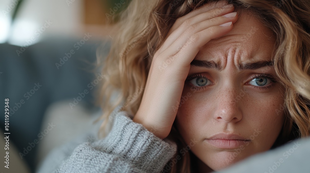 A woman with flowing hair appears distressed, placing her hand on her forehead likely due to stress or contemplation, captured in soft and warm tones. A woman with flowing hair appears distressed, placing her hand on her forehead likely due to stress or contemplation, captured in soft and warm tones.