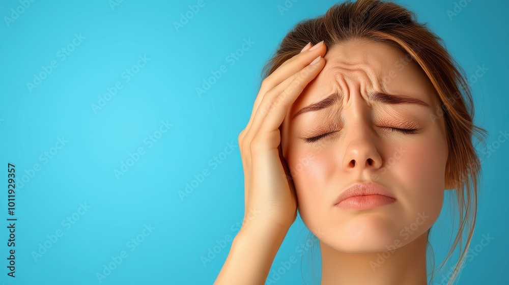 A woman is depicted with her hand resting on her head against a bright blue background, showcasing a possible headache or stress with a focused expression.