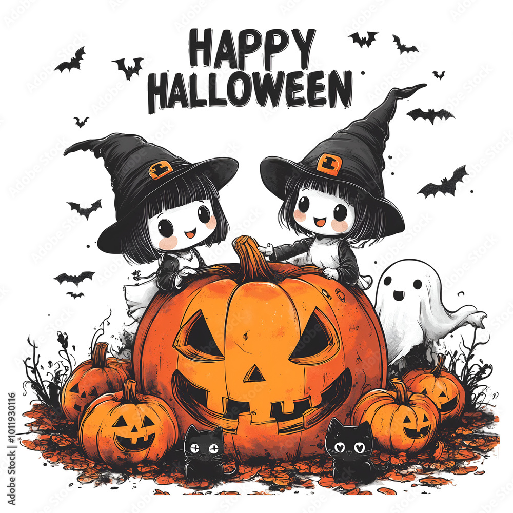 Cute Witches with Giant Pumpkin and Ghosts – Happy Halloween Cartoon Style Vector Illustration, Cutout, Isolated on Transparent PNG/White Background. Cute Witches with Giant Pumpkin and Ghosts – Happy Halloween Cartoon Style Vector Illustration, Cutout, Isolated on Transparent PNG/White Background.