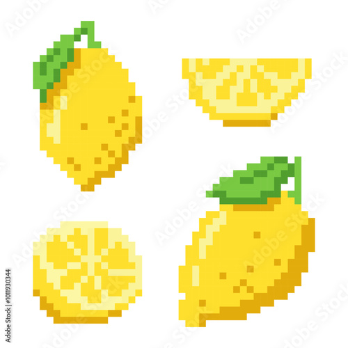Lemon pixel art. Fruit set. Whole, lemon slice. Vector illustration