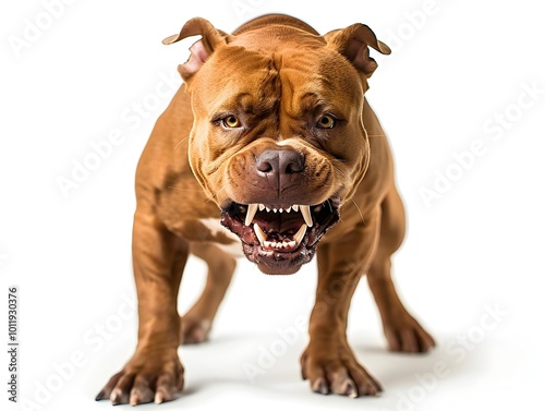 Fierce and Powerful Pit Bull Snarling with Bared Teeth on White Background