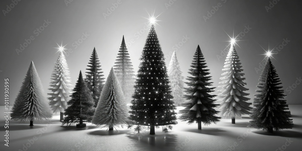Obraz premium Elegant Black and White Christmas Trees Silhouette Against a Soft Gray Background for Holiday Decor