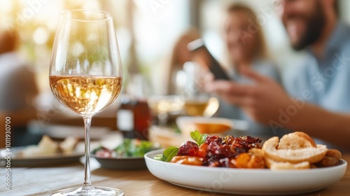 A close-up of a glass of white wine and a gourmet starter on a table with people in the background, capturing the camaraderie and flavor of fine dining shared with friends.