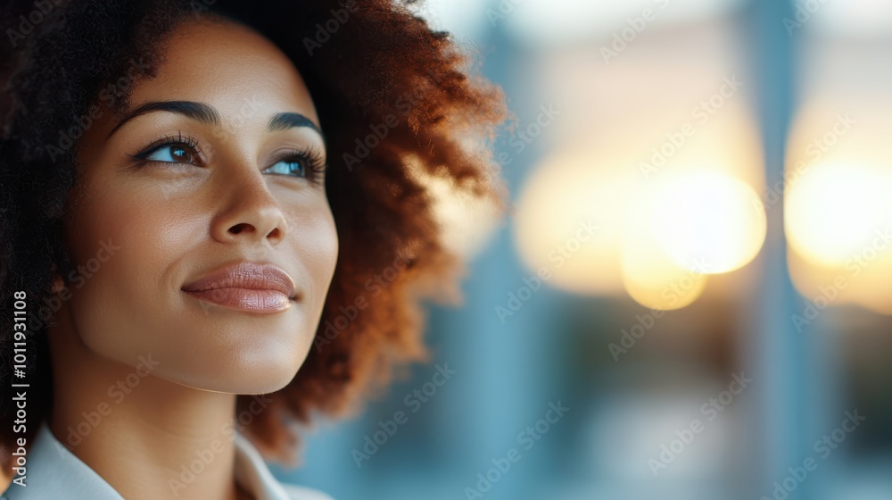 Obraz premium With an expression of calm contemplation, a woman with textured hair gazes skyward, enveloped in the soft glow of the sunset, embodying peace and reflection.