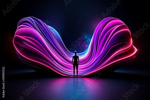 A lone figure standing in a futuristic void where digital landscapes glitch and fade, symbolizing the breakdown of reality in a nihilistic future photo