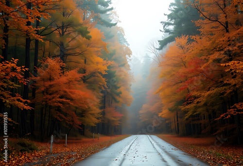 A wide shot of a forest in the midst of autumn, with vibrant foliage drenched in soft rain. photo