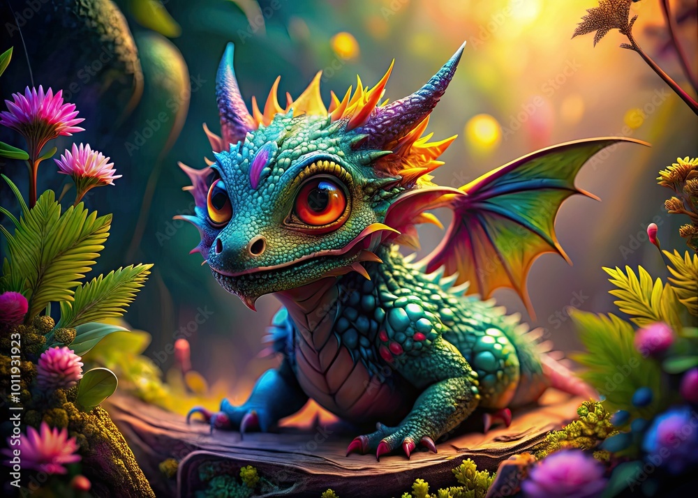Fototapeta premium Enchanting baby dragon wallpaper features vibrant colors and whimsical fantasy, perfect for adding a playful touch to any decor, sparking imagination and joy.