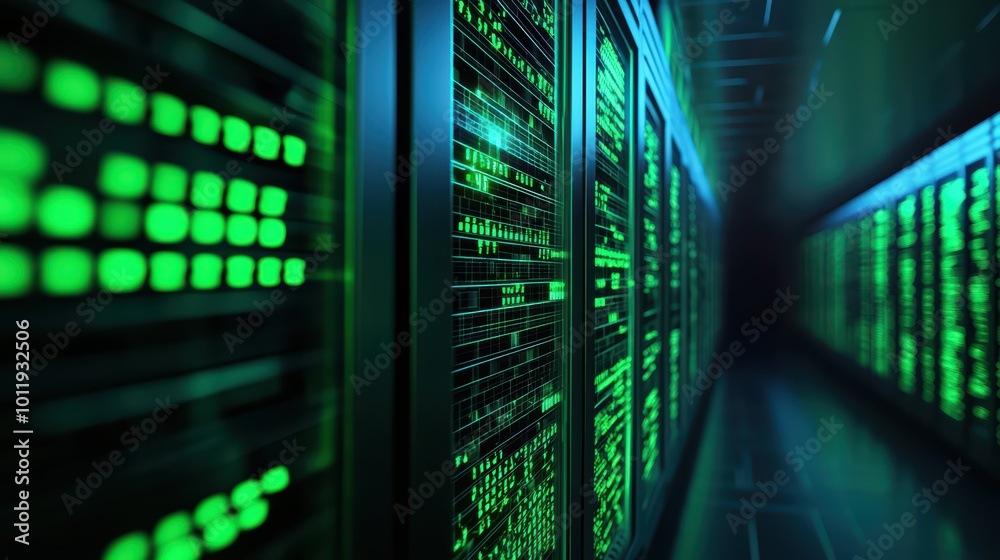 A view of a modern data center showcasing rows of servers with glowing green lights on a sleek metallic background. A view of a modern data center showcasing rows of servers with glowing green lights on a sleek metallic background.