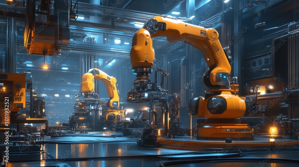 A futuristic factory filled with smart machinery, using AI to automate complex industrial processes.