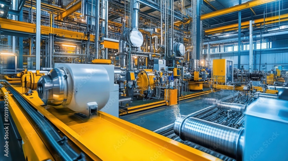 A modern manufacturing plant with green technology and energy-efficient machinery at work. A modern manufacturing plant with green technology and energy-efficient machinery at work.