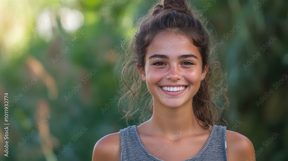 Portrait of a young woman with a natural smile, standing outdoors in a casual setting, with greenery in the background Portrait of a young woman with a natural smile, standing outdoors in a casual setting, with greenery in the background