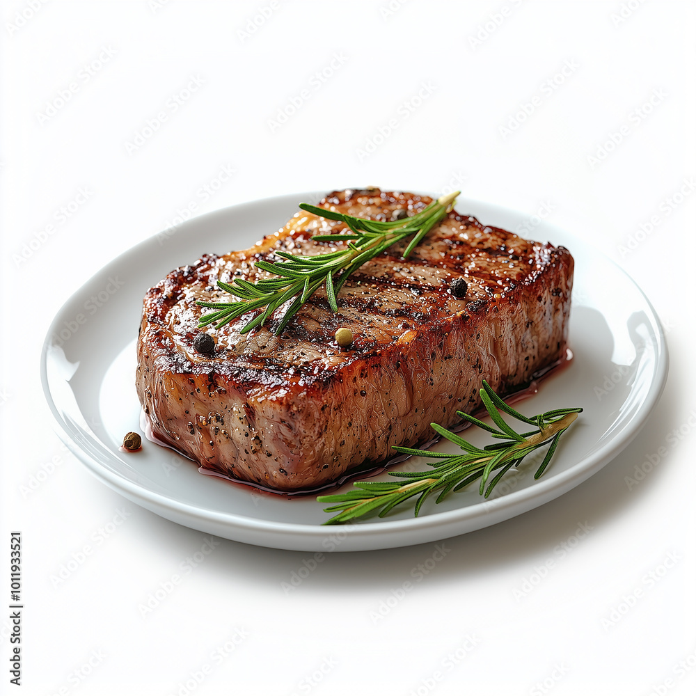 Plate with delicious roasted marbled beef with rosemary and other spices, isolated on white Plate with delicious roasted marbled beef with rosemary and other spices, isolated on white