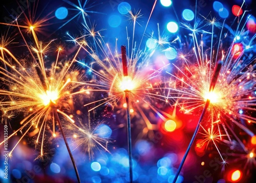 Festive red, white, and blue sparklers illuminate the night sky, bringing joy and excitement to celebrations and events, creating unforgettable memories for all.