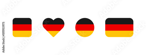 German flag icon. Flag of Germany vector sign. Deutschland national banner. Black, red and yellow Germany emblem. Berlin banner in four different shapes: square, heart, circle and rectangle.