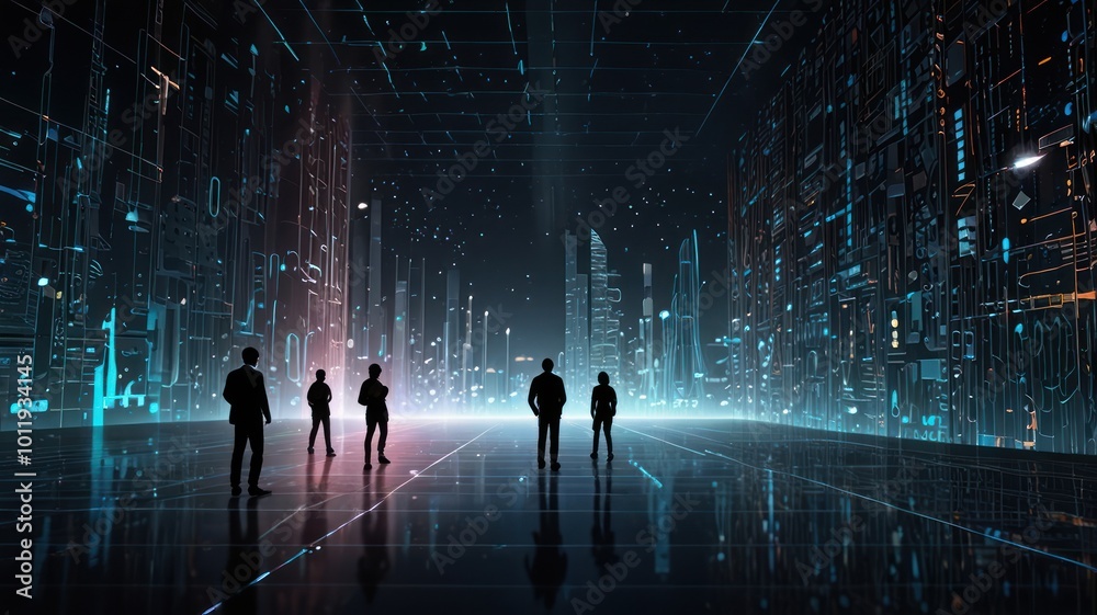 Silhouettes of business people stand in a futuristic cityscape, with glowing lines and data in the background.