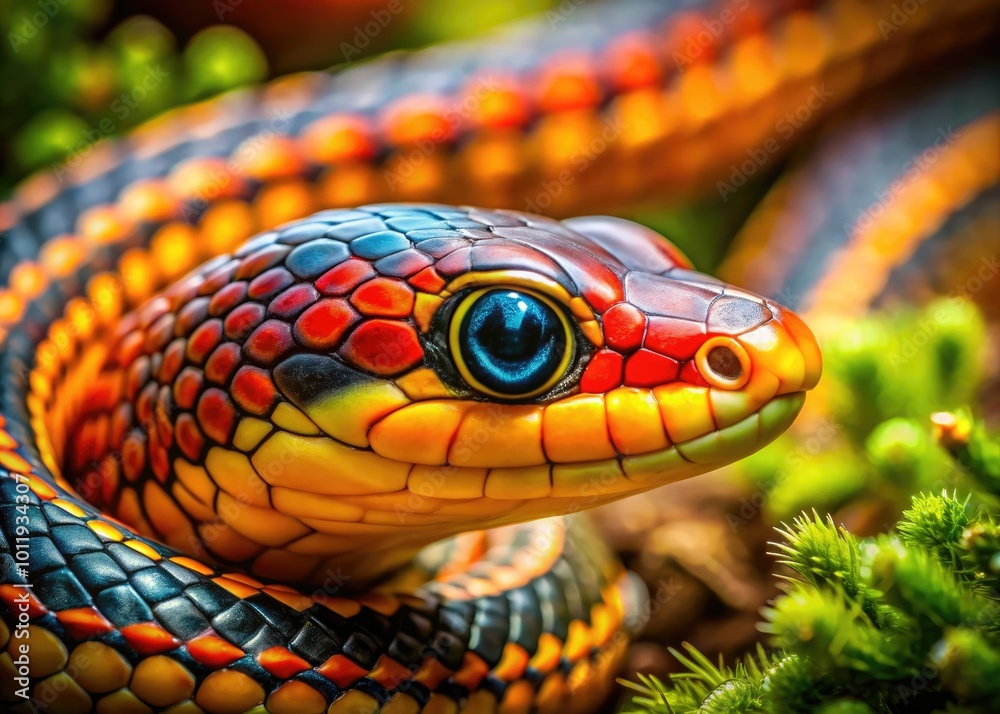 Fototapeta premium Close-up of a Colubridae Snake in Natural Habitat, Showcasing Scales and Unique Color Patterns