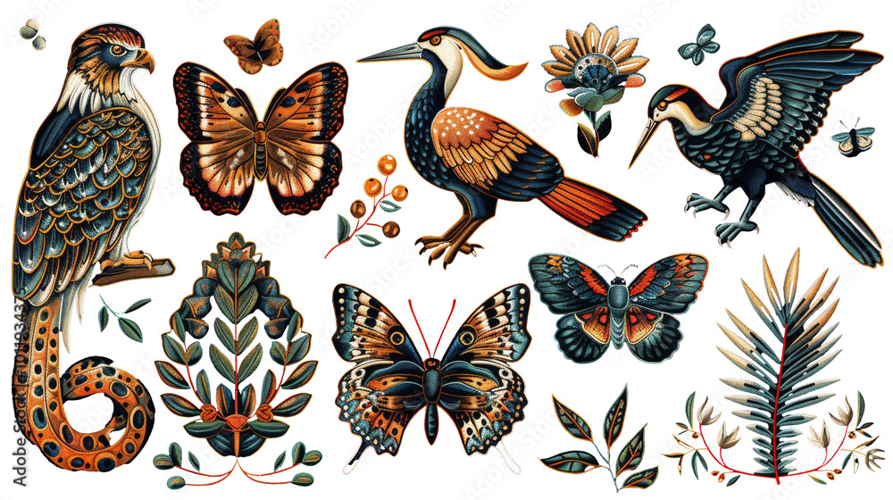 Fototapeta premium Panther butterfly crane, and eagle set in cartoon style cut out on PNG format. Ideal for creative projects, kids’ designs