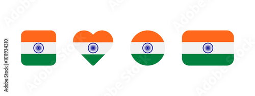 Indian flag icon. Flag of India vector sign. Indian national banner. Emblem of India. Multicolor New Delhi banner in four different shapes: square, heart, circle and rectangle. Hindi symbol.