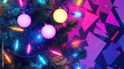 Bright 90s Christmas lights in vibrant neon colors wrap around a tree, with retro ornaments and a bold background of geometric holiday patterns, perfect for a festive background.