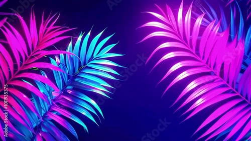 Retro 80s-inspired colors (electric blue, hot pink, neon green) palm leaves screen, neon gradient to shine. A space middle glows softly for text, 4k High-Quality background Animation Video