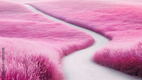 Colorful Flower Field with Road and River Running Through It, Minimalist Nature Landscape, Abstract Image, Texture, Pattern Background, Wallpaper, Cover and Screen for Smartphone, PC, Laptop, 9:16 and