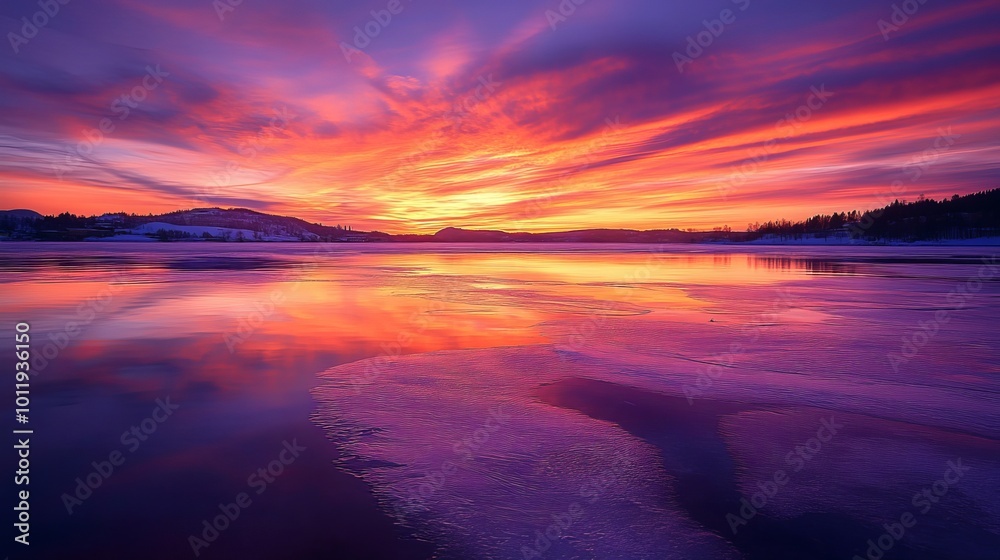 Fototapeta premium In Stockholm, Sweden, the winter sky glows with orange, purple, and pink at dusk. This colorful sky reflects in the frozen waters of Lake Mälaren.