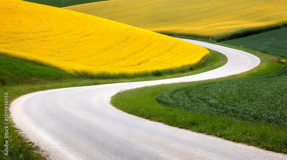 Obraz premium Colorful Flower Field with Road and River Running Through It, Minimalist Nature Landscape, Abstract Image, Texture, Pattern Background, Wallpaper, Cover and Screen for Smartphone, PC, Laptop, 9:16 and