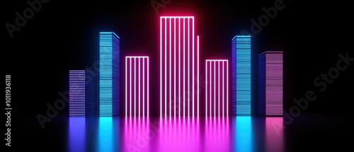 Futuristic city skyline with neon lights against a dark background.