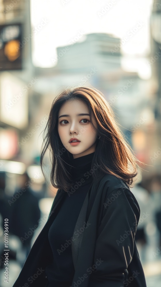 Beautiful young model looking Asian woman in black clothes in the street of a big city. Urban luxury fashion concept Beautiful young model looking Asian woman in black clothes in the street of a big city. Urban luxury fashion concept