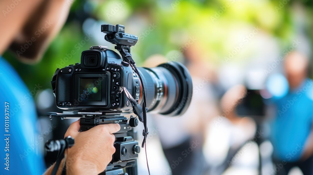 A focused photographer with DSLR captures a scene in nature settings outdoors, showing dedication, patience, and passion for photography and visual storytelling. A focused photographer with DSLR captures a scene in nature settings outdoors, showing dedication, patience, and passion for photography and visual storytelling.