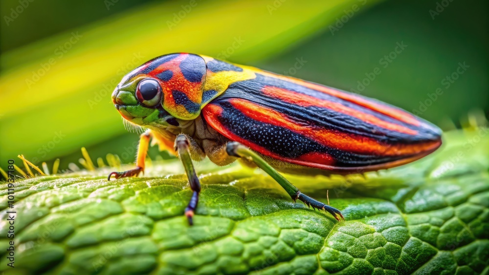 Close-up of a froghopper perched on a green leaf with a blurred natural background in sunlight Close-up of a froghopper perched on a green leaf with a blurred natural background in sunlight