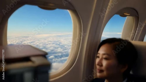 Young woman traveling by plane looking out the window