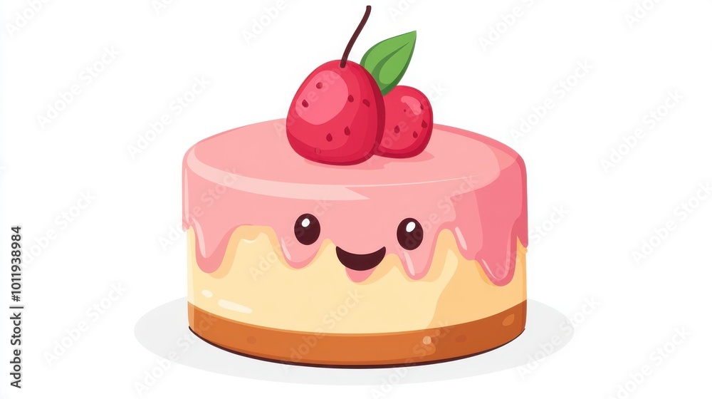 Cartoon of a smiling cheesecake with pink icing and cherries on top Cartoon of a smiling cheesecake with pink icing and cherries on top