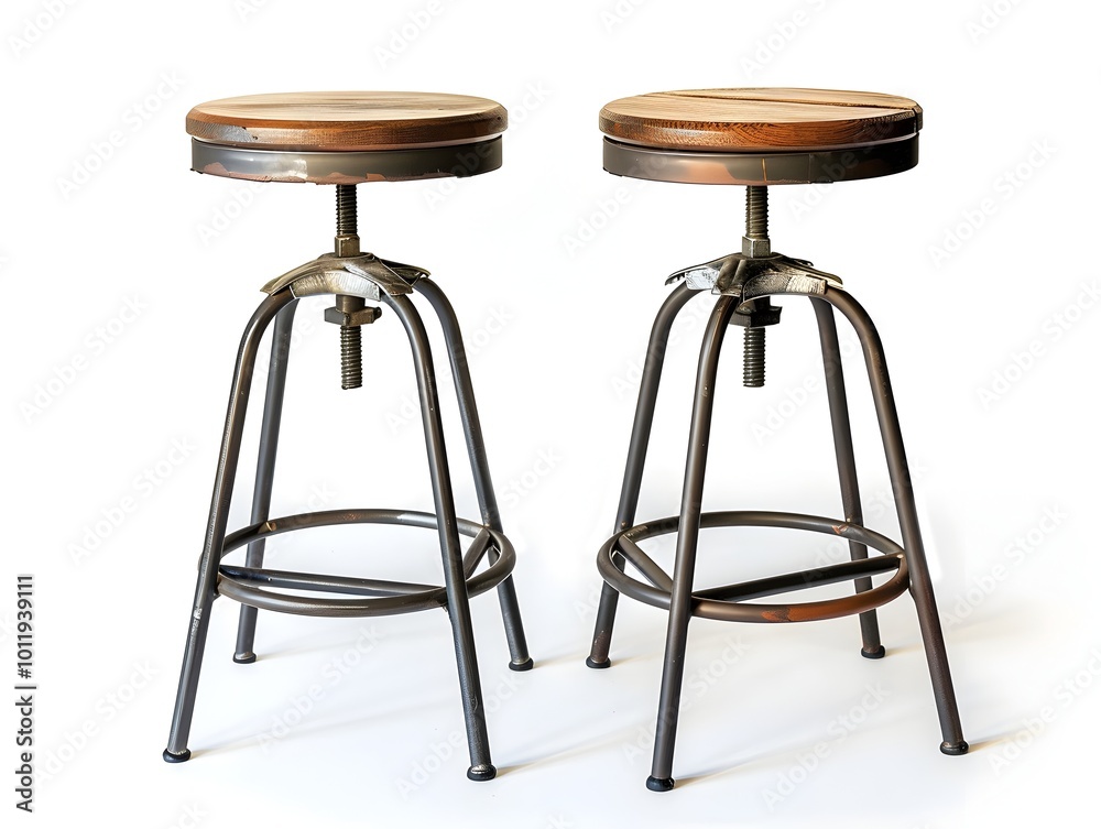 Industrial Style Metal and Wood Bar Stools Showcased on White Background Industrial Style Metal and Wood Bar Stools Showcased on White Background