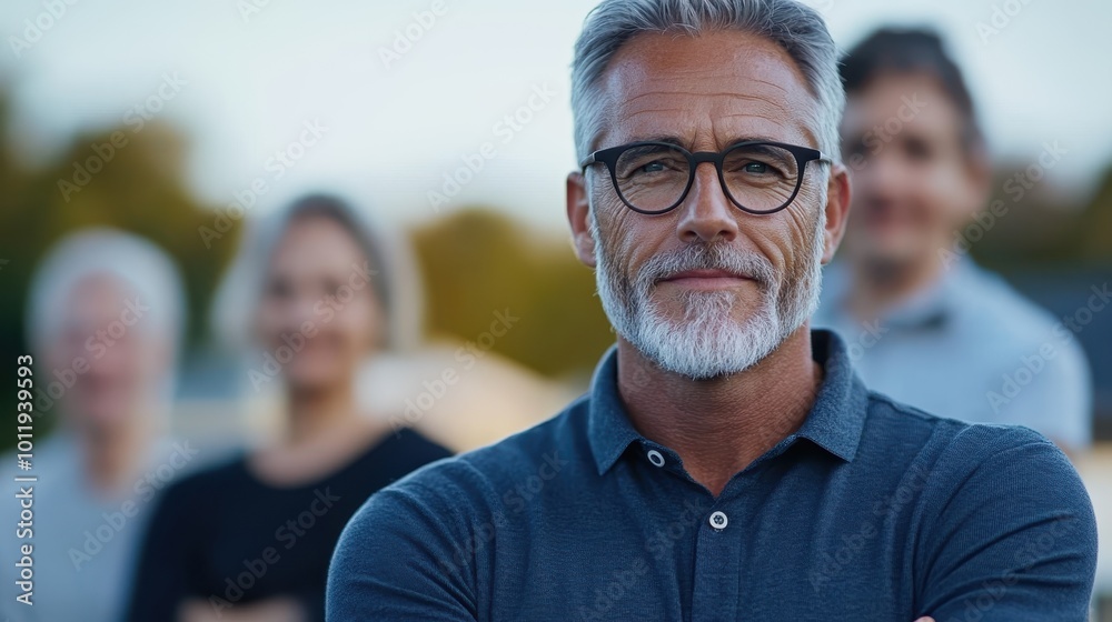 This image depicts a mature man with gray hair and glasses, confidently standing outdoors with arms crossed, projecting a sense of assurance against a subtle background. This image depicts a mature man with gray hair and glasses, confidently standing outdoors with arms crossed, projecting a sense of assurance against a subtle background.