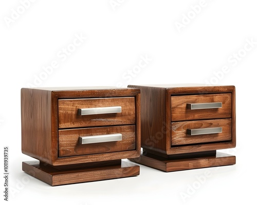 Pair of Contemporary Wooden Nightstands with Sleek Metal Handles and Drawer Storage  Isolated on White Background photo