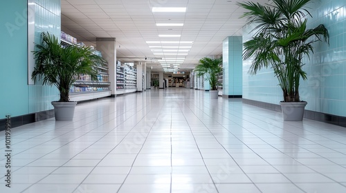 A long and spacious empty corridor of a modern mall interior with blue themes, lined with various plants and bright lighting inviting a calming ambiance.