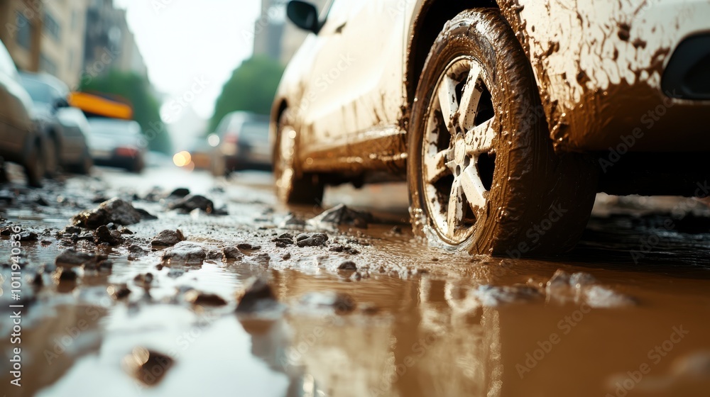 An urban street scene depicts a muddied vehicle struggling through a chaotic, rainy setting, representing the obstacles faced by drivers in adverse conditions. An urban street scene depicts a muddied vehicle struggling through a chaotic, rainy setting, representing the obstacles faced by drivers in adverse conditions.